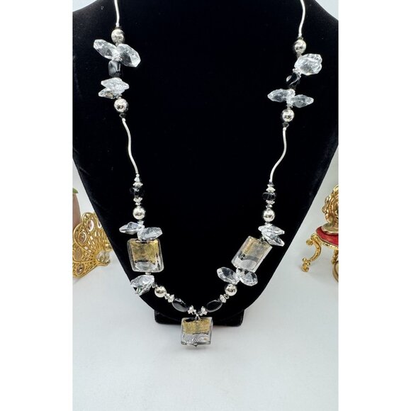 Black Silver Foil Art Glass Beaded Silver/Gold Tone And Crystal Necklace Vintage - Picture 2 of 9